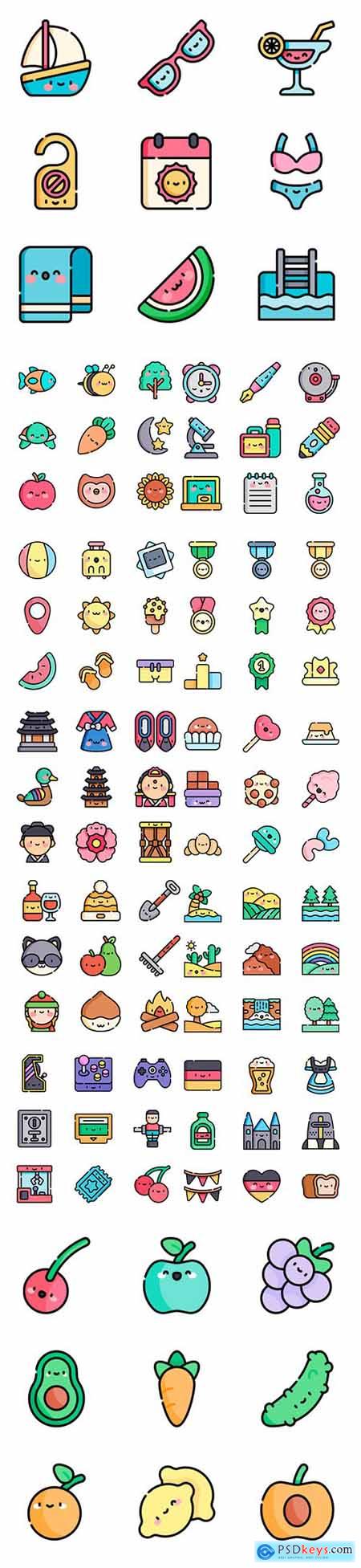 450+ Kawaii Lineal color Icons Set