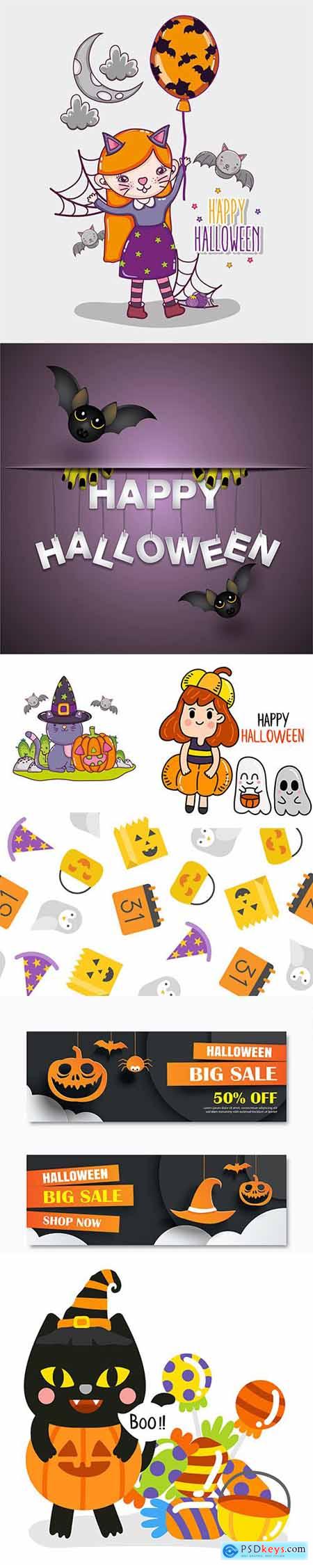 Happy Halloween Illustration Set +Bonus Social Banner and Halloween Pattern