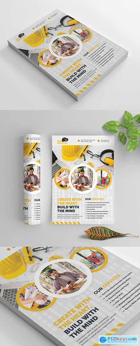 Building Flyer Layout with Yellow Accents and Circular Photo Elements 270465749
