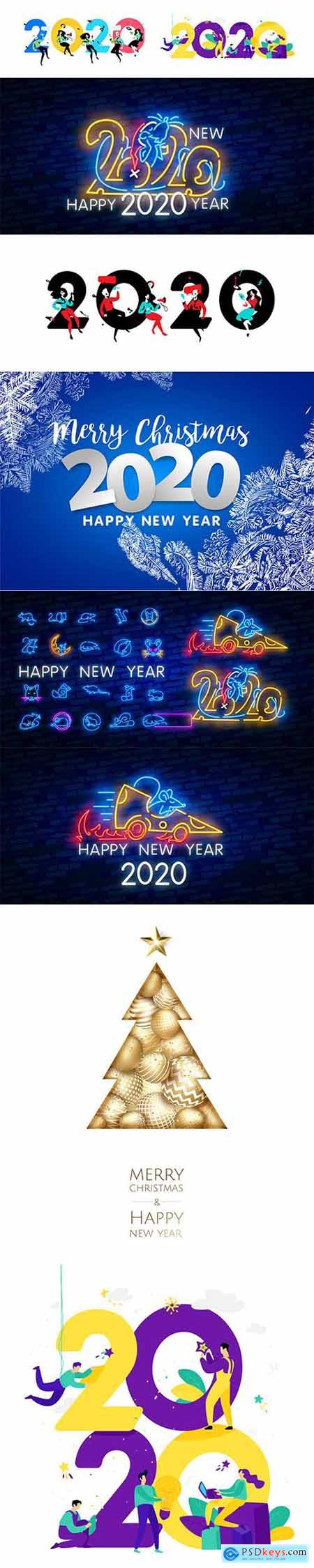 Merry Christmas and Happy New Year 2020 Illustrations Set 1