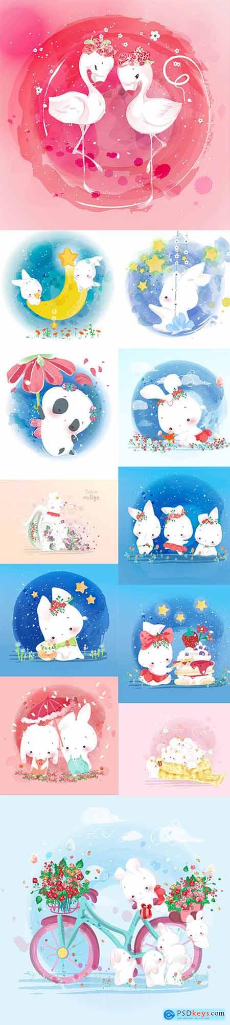 Hand Draw Lovely Cute Watercolor Animal Pack 1