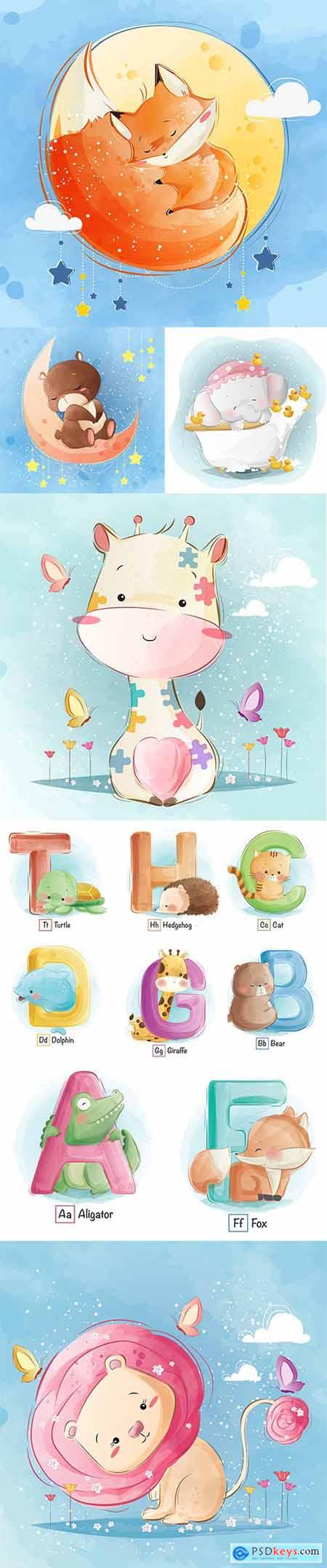 Hand Draw Lovely Cute Watercolor Animal Pack 5