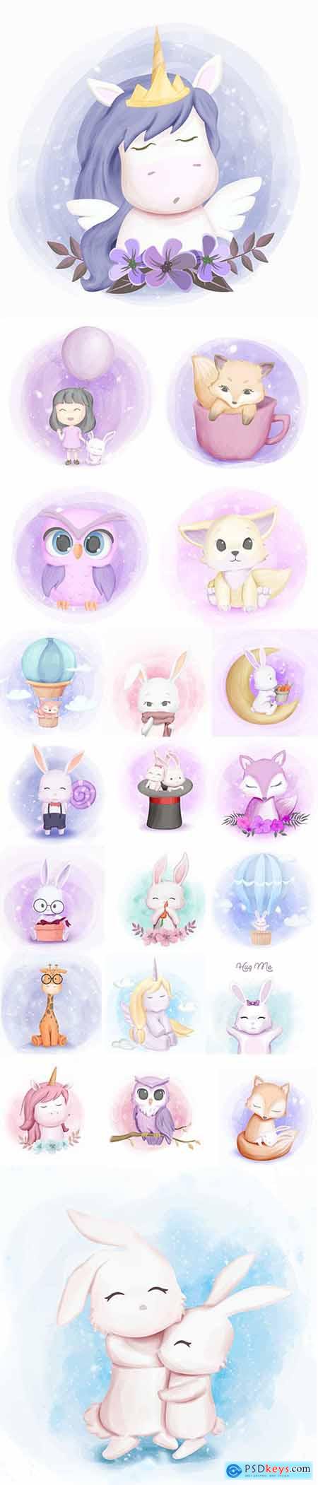 Hand Draw Lovely Cute Watercolor Animal Pack 4