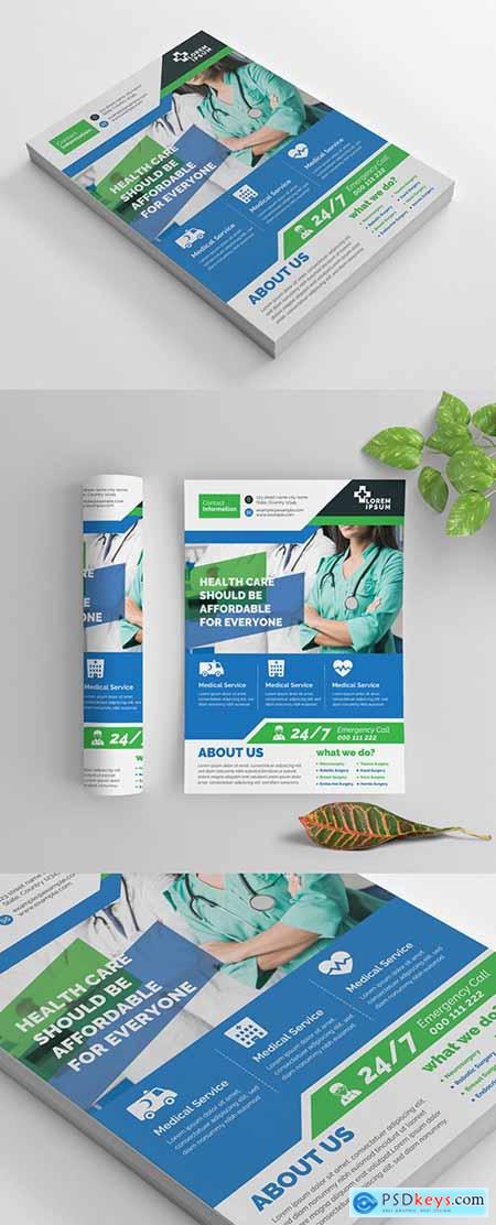 Blue and Green Health Care Flyer Layout with Graphic Icons 269035380