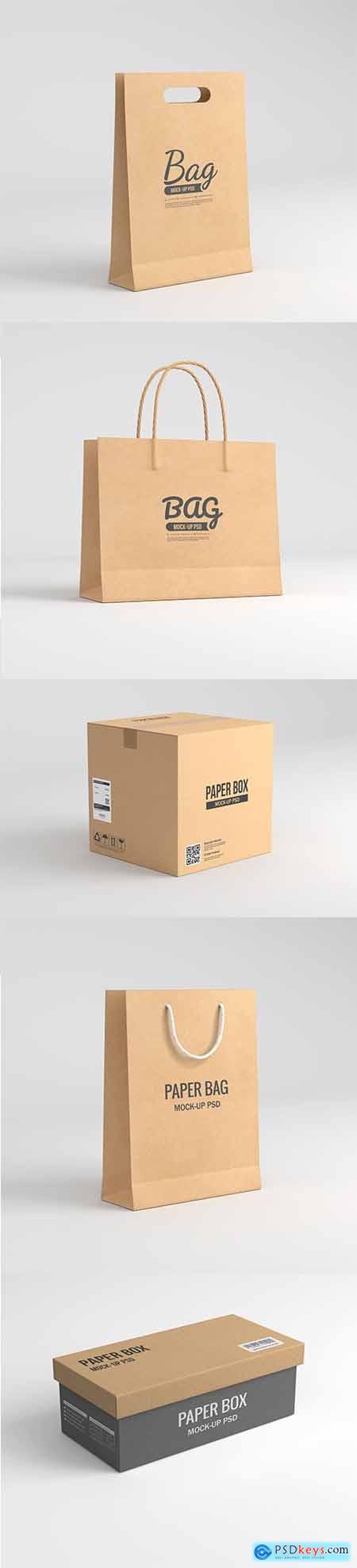Set of Paper Bag and Box Packaging PSD Mockup