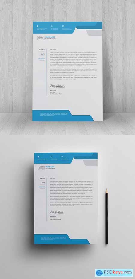 Letterhead Layout with Blue Header and Footer 229990904