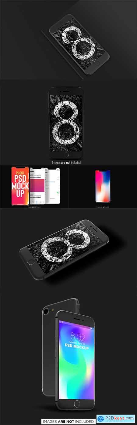 Black Iphone 8 and Black Phone PSD Mockup Set