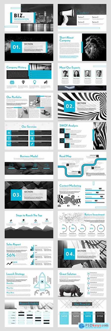 Presentation Layout with Blue and Black Accents 280452590