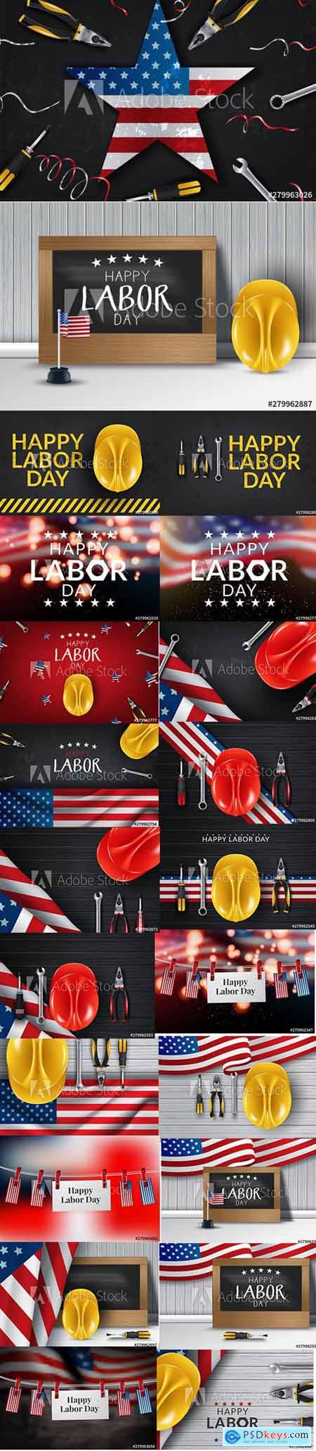 Vector Set - Happy Labor Day banner and USA Flag Background