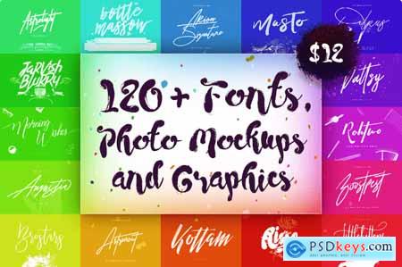 120+ Fonts, Photo Mockups and Graphics