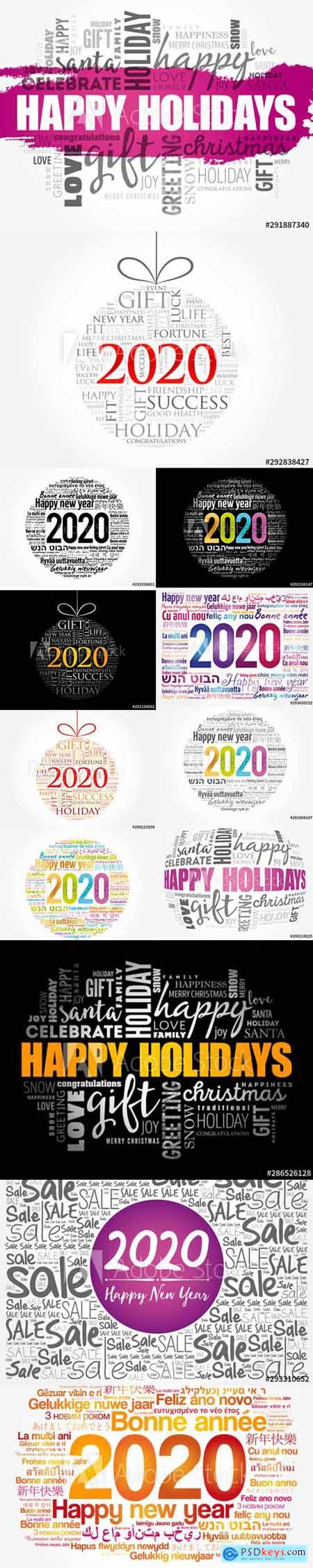 Set of Happy New Year 2020 and Christmas ball word cloud Illustrations