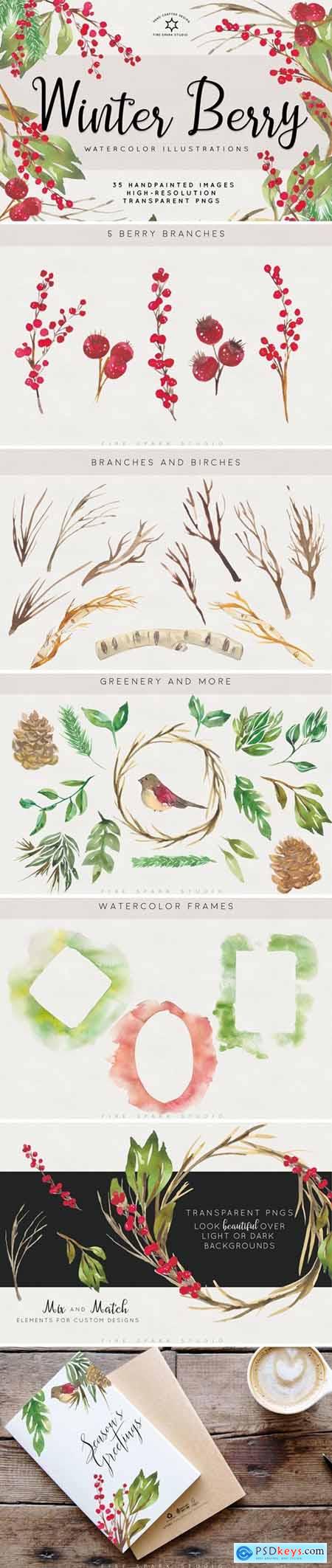 Winter Berry Watercolor Illustration 2993975