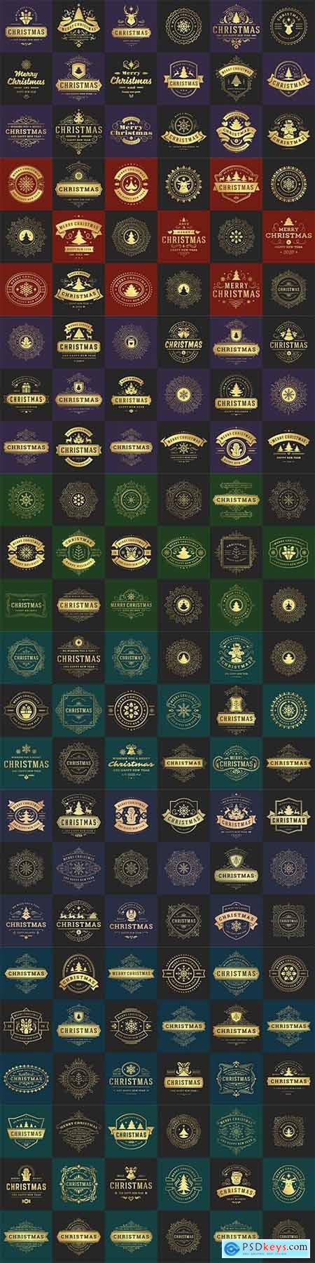 Christmas vector typography ornate labels and badges, happy new year and