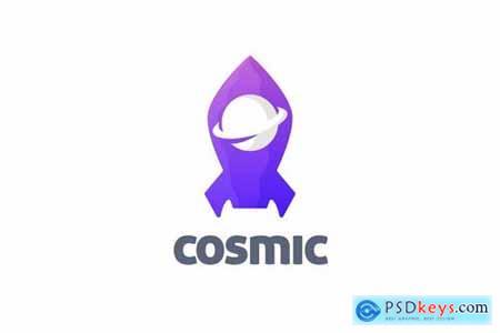 Cosmic - Negative Space Planet and Rocket Logo