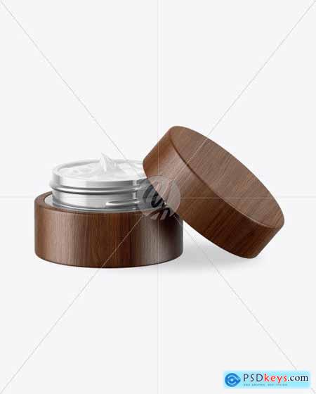 Opened Metallic Cosmetic Jar in Wooden Shell Mockup 50705