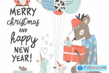 Vector Greeting Christmas card with cute deer and