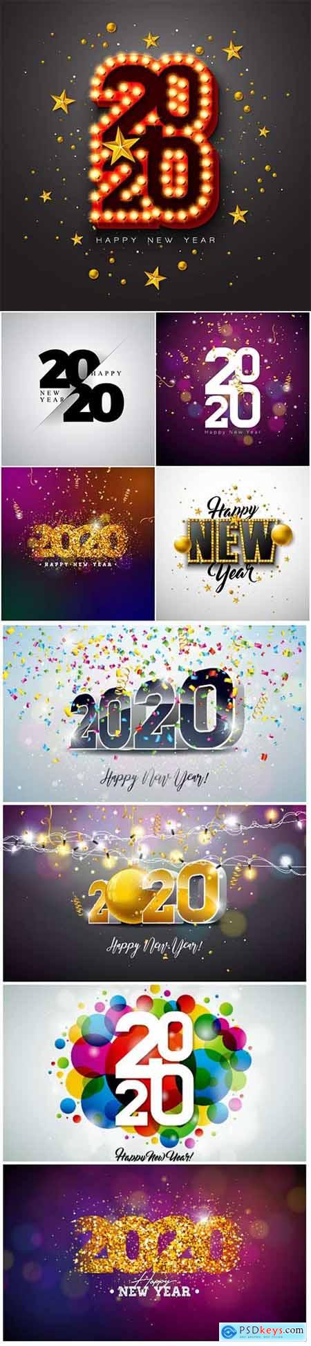 2020 Happy New Year illustration with 3d typography lettering, and