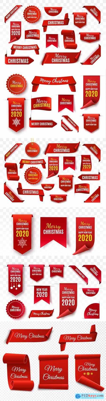 Christmas tags and labels collection, red scrolls and banners