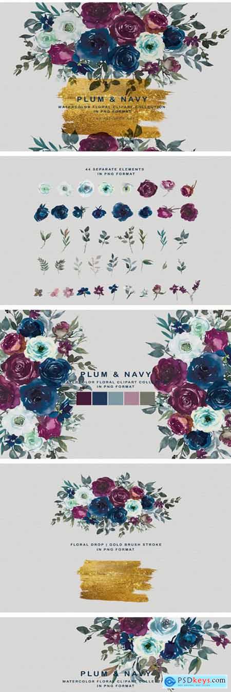 Plum & Navy Floral Clipart PNG Collectio 1996636