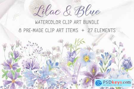 Lilac and Blue Watercolor Clip Art Bundle