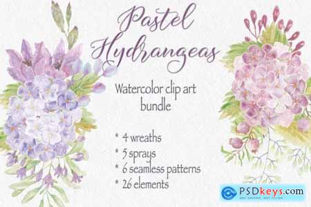 Pastel Hydrangeas Watercolor Clip Art Bundle