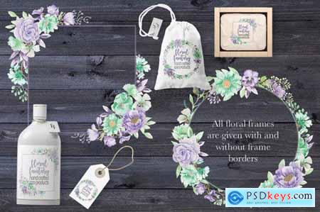 Violet and Mint Watercolor Clip Art Collection