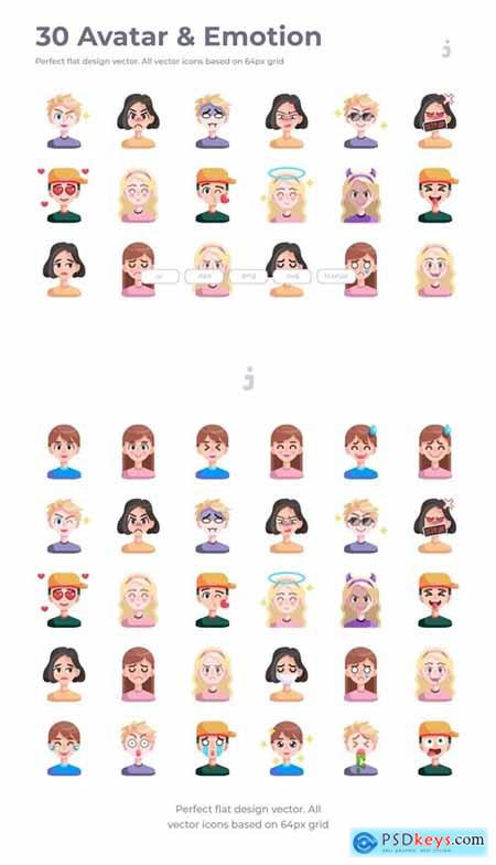 30 Avatar & Emotion Icons - Flat