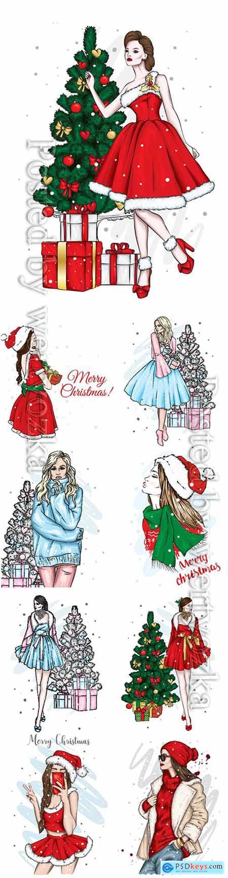 New Year and Christmas, beautiful girl in dress, winter holidays