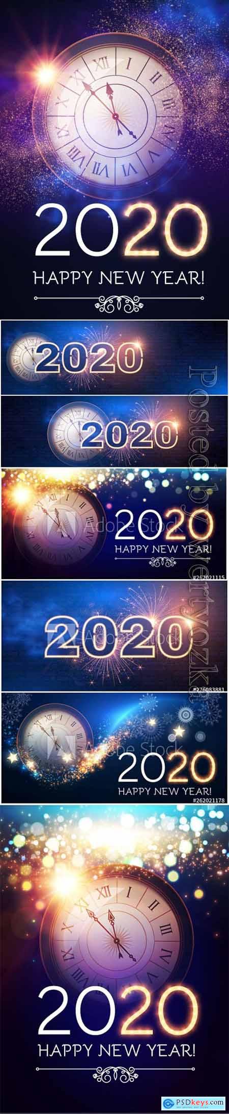 2020 Christmas and New Year vector backgrounds with clock