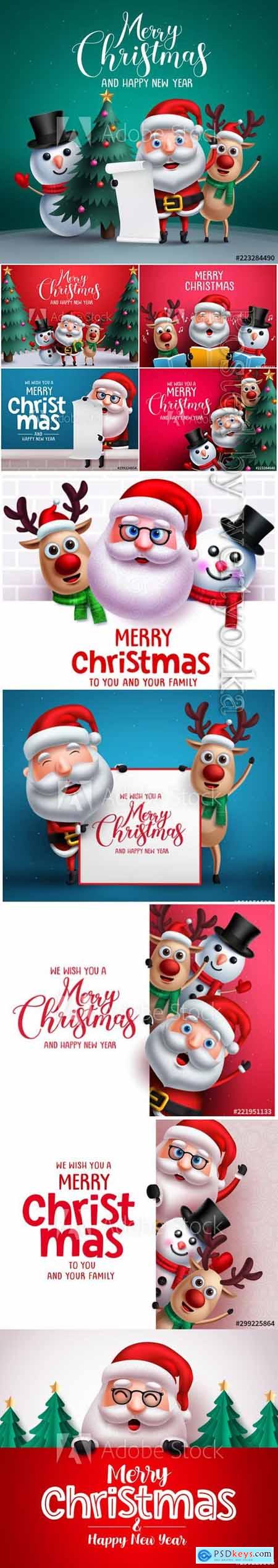 Merry christmas vector banner design with christmas character like santa claus, reindeer and snowman
