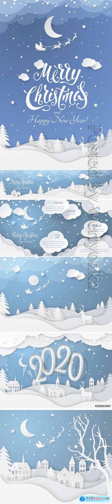 Vector winter night scene with fir trees, houses, moon, deer and realistic 2020 numbers