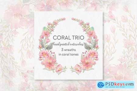 Coral Trio 3 Watercolor Wreaths