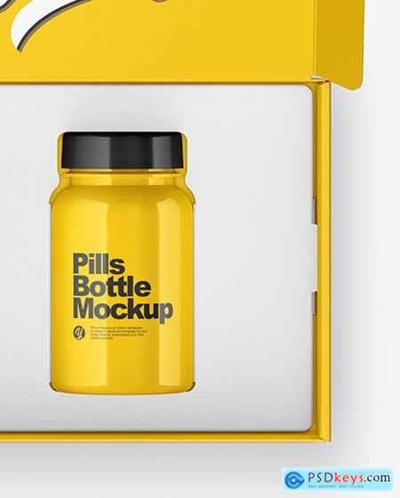 Opened Glossy Box with Pills Bottle Mockup 51387