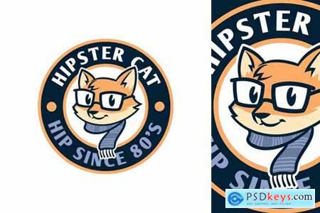 Cartoon Hipster Cat Emblem Logo