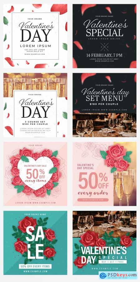Valentines Day Social Media Post Layout Set with Floral Illustrations 312957860
