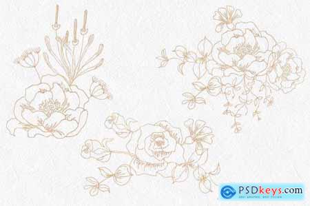 Floral Line Drawings in Gold