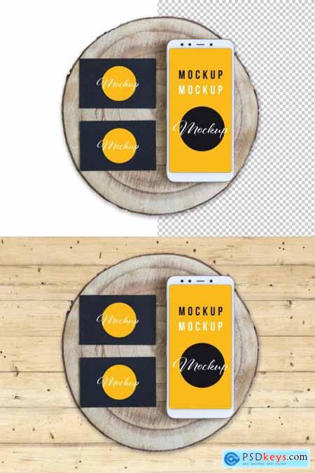 Business Cards and Smartphone Wood Slice Mockup 317591386