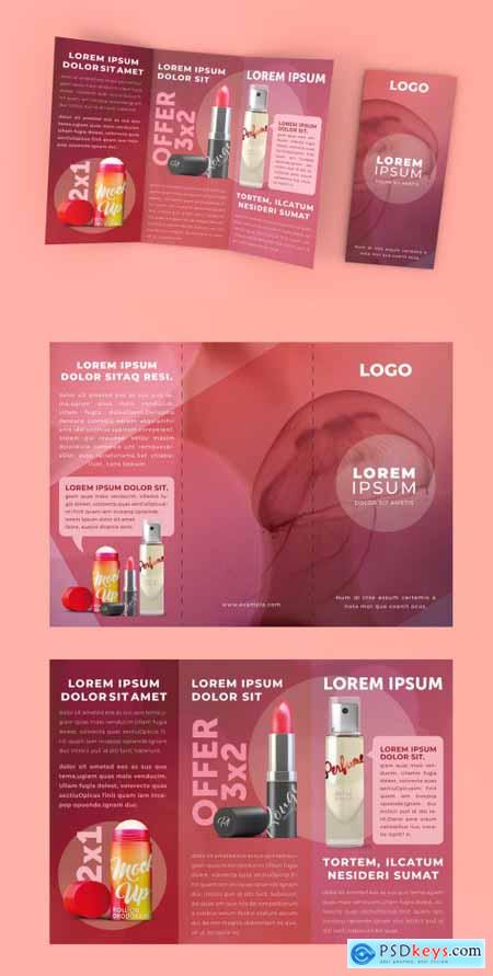 Bright Pink Trifold Brochure Layout with Cosmetics Imagery 322173495