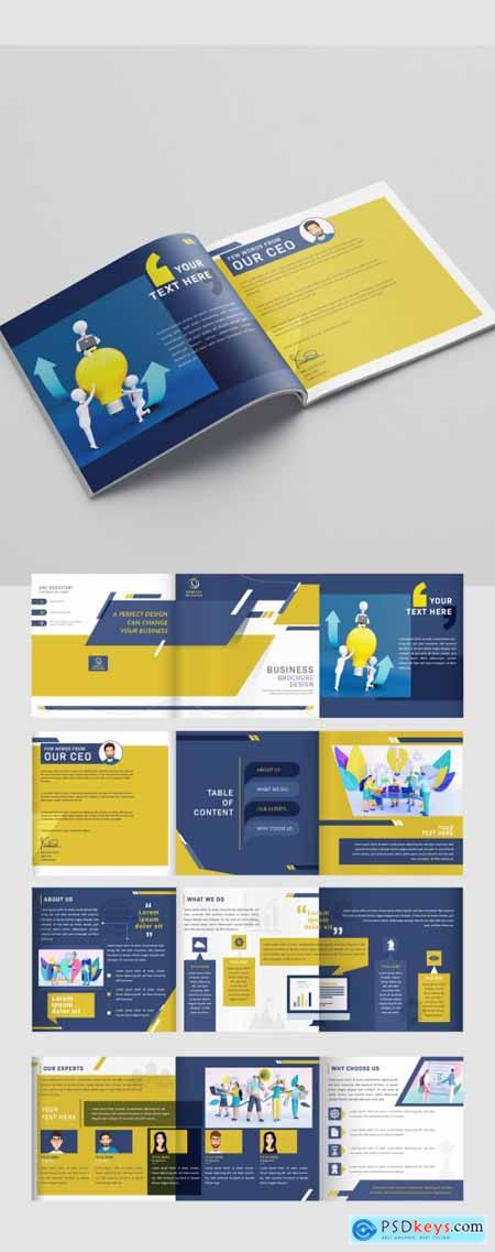 Blue and Yellow Square Business Brochure Layout with Character Illustrations 321102575