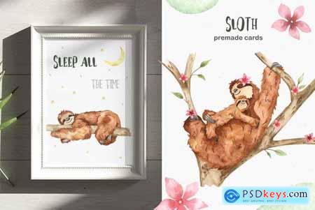 Watercolor cute sloth and tropical plants