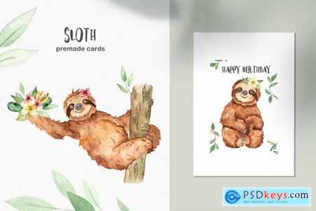 Watercolor cute sloth and tropical plants