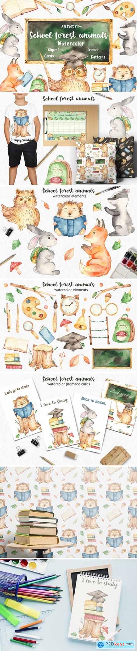 Watercolor school forest animals collection
