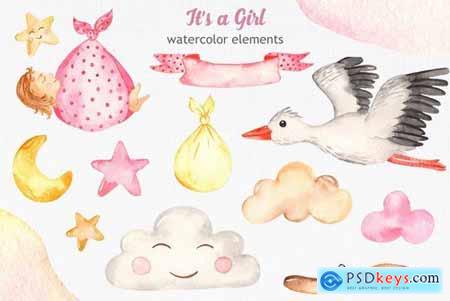 Its a girl watercolor clipart, cards, patterns