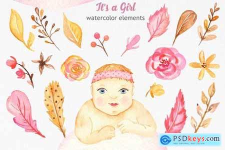 Its a girl watercolor clipart, cards, patterns