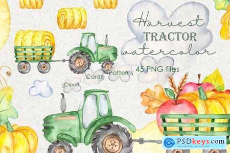 Watercolor harvest tractor Clipart, cards, pattern