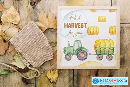 Watercolor harvest tractor Clipart, cards, pattern