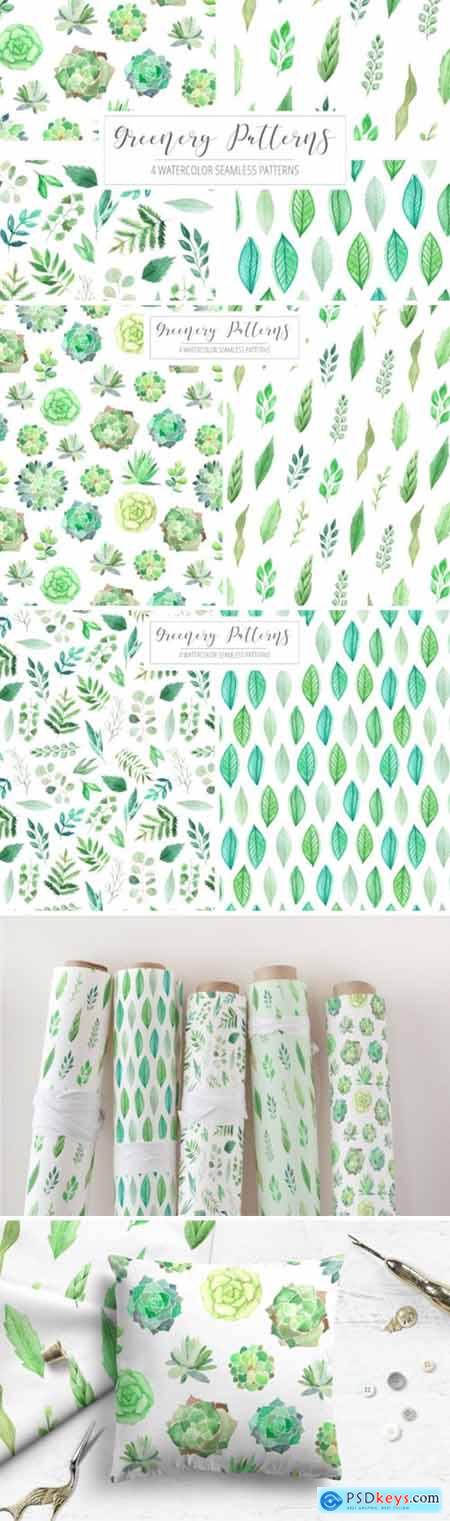 4 Watercolor Greenery Patterns 3515027