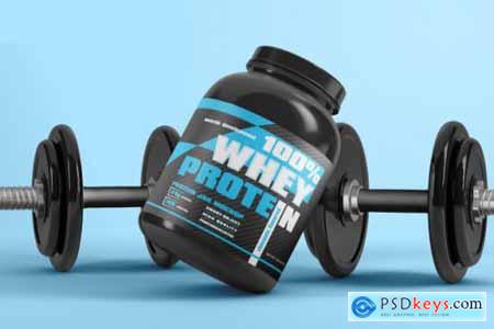 Protein powder supplement packaging with dumbbell mockup