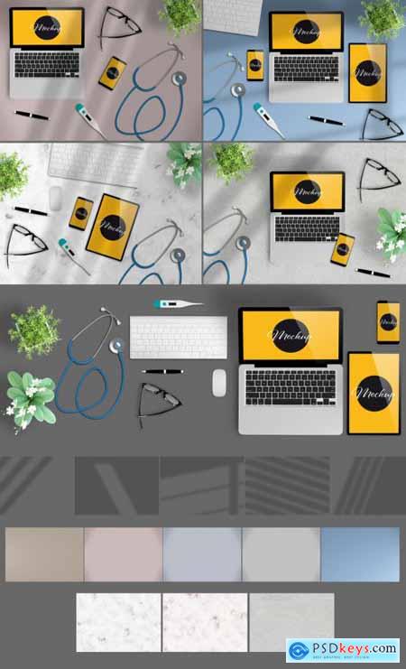 Devices with Desk Accessories and Medical Equipment Scene Creator Mockup 331298987