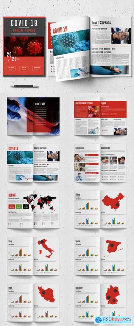 Annual Report Layout with Red Accents and Coronavirus Illustrations 332978186